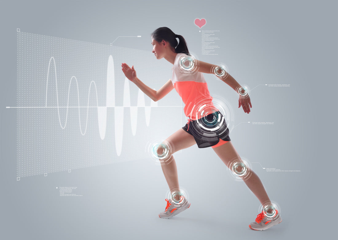 A woman in motion with highlighted joints, illustrating bone health, physical activity, and nutrition support including vitamin K2.