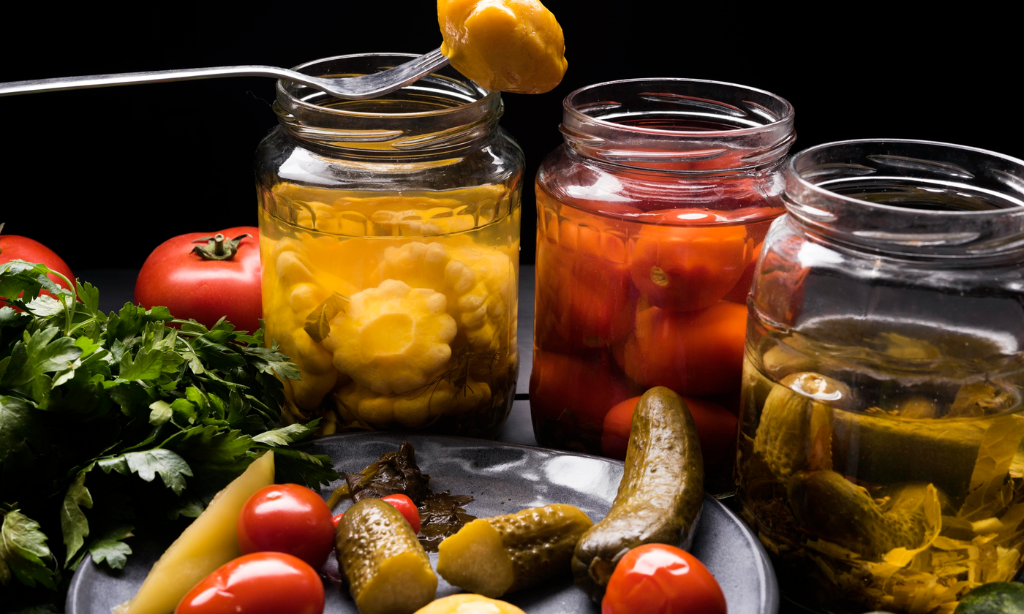 Jars of fermented vegetables, including pickles and tomatoes, with fresh vegetables on a table, showing a variety of fermented foods that support gut health and overall wellness.