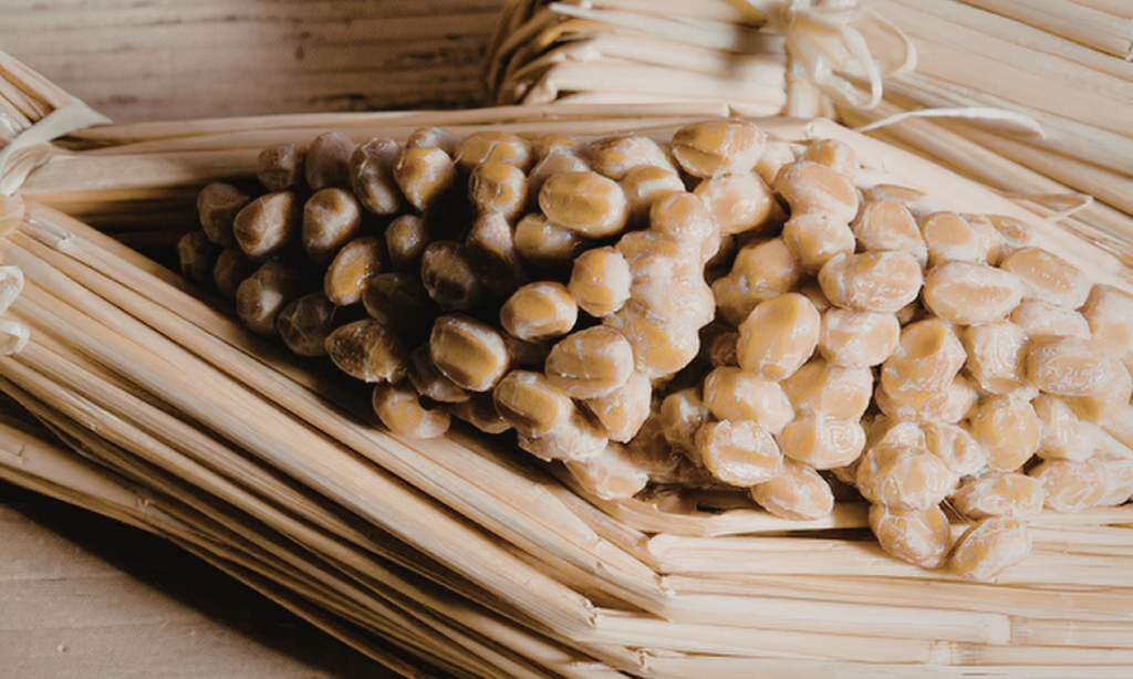 Traditional Japanese natto fermented soybeans in a straw wrapper, representing the origins of Sonomono and Japanese wellness traditions.