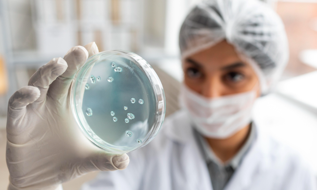 Scientist examining bacterial culture in petri dish representing Bacillus subtilis and gut microbiome research