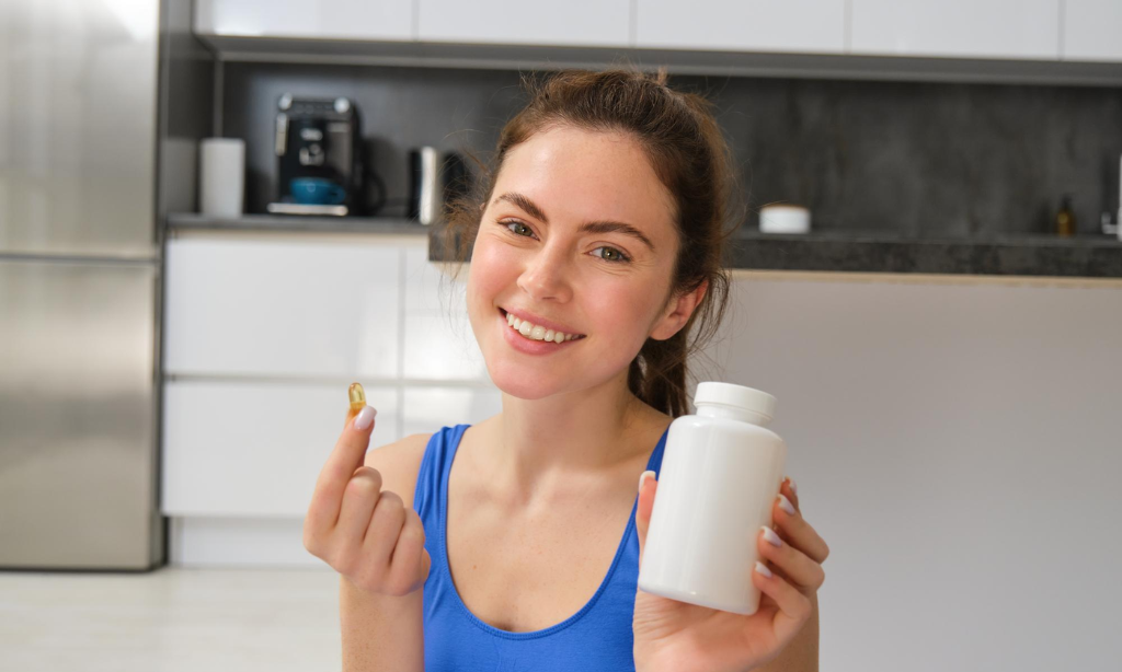Woman holding a probiotic capsule and supplement bottle in kitchen, representing Vitamin K2 and probiotics for bone health support.