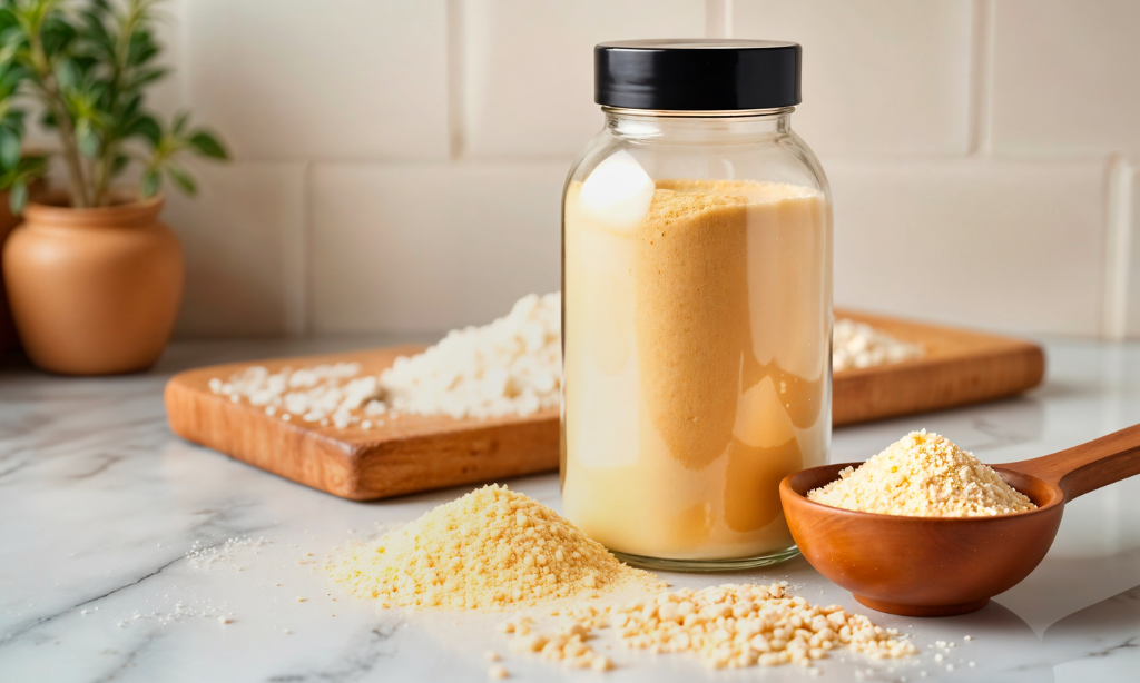 Glass jar filled with Sonomono natto powder alongside loose powder and fermented soybeans, showing how premium natto powder is made.