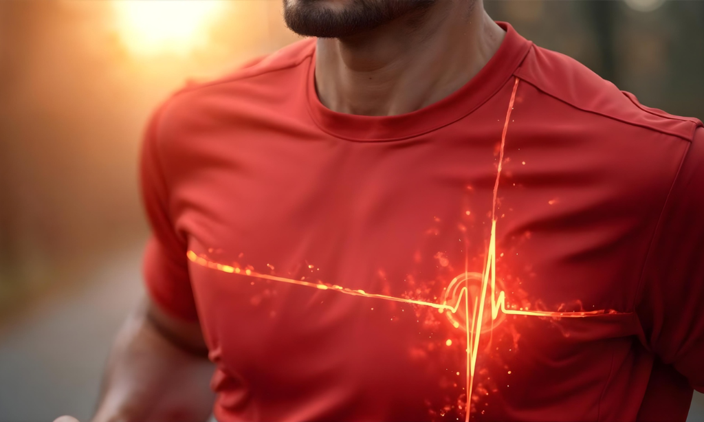 Person exercising outdoors with glowing heartbeat graphic on chest, representing healthy blood circulation and cardiovascular wellness.