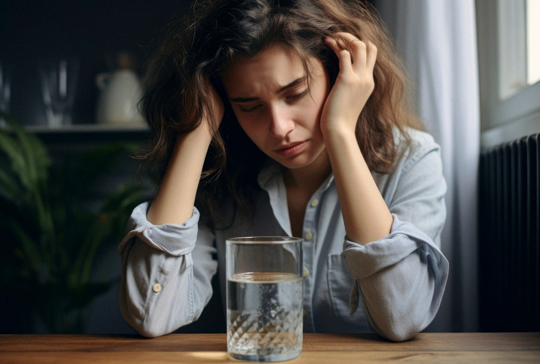 Woman looking worried while sitting beside a glass of water, representing potential nattokinase side effects and the importance of understanding risks before taking the supplement.
