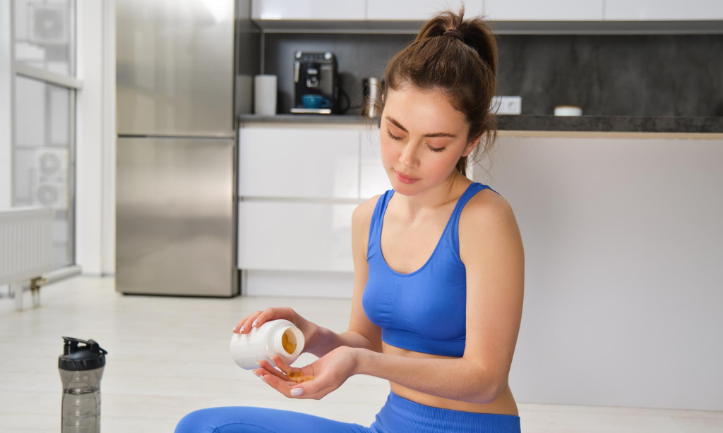 Woman taking vitamin supplement at home representing vitamin D3 and K2 routine for bone health and daily wellness.