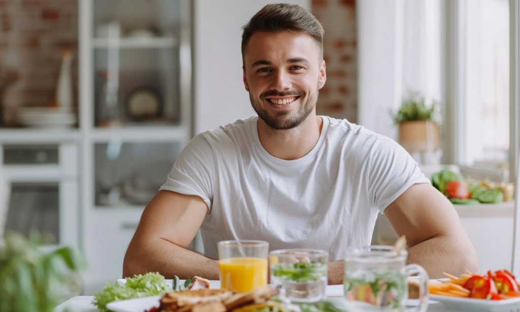 Smiling young man sitting at a dining table with a healthy meal, fresh vegetables, juice, and water, representing a balanced diet for bone and heart health with Vitamin K2 and Vitamin D3
