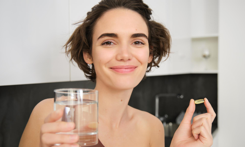 Woman taking daily nattokinase supplement for long term health and circulation benefits