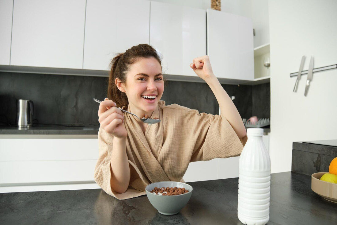 Woman eating natto fermented soybeans, a natural source of vitamin K2 that supports bone health.