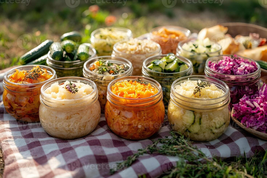 Assorted jars of fermented vegetables including sauerkraut, kimchi, and pickles arranged outdoors, highlighting probiotic-rich foods that support gut and overall health.