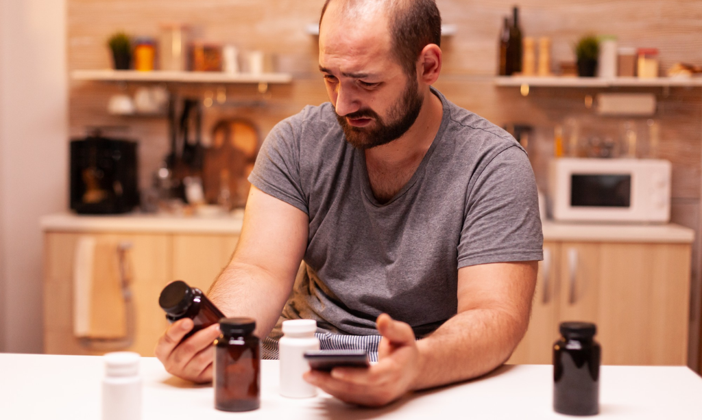 Man sitting at a kitchen table looking confused while comparing several supplement bottles and checking information on his phone, highlighting the challenge of managing multiple supplements in a daily wellness routine.