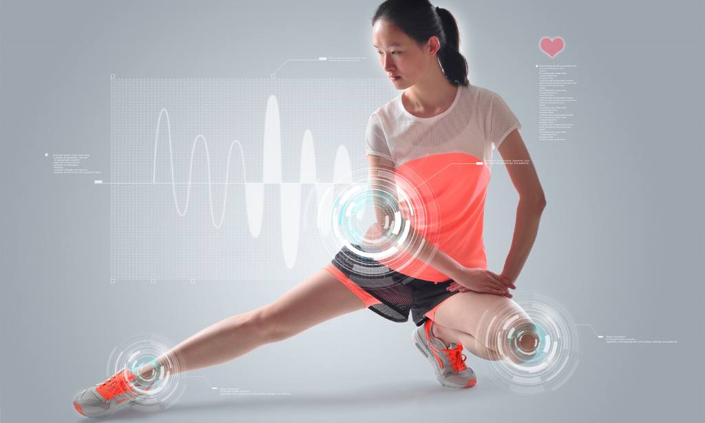 Woman doing a stretching exercise with digital highlights on joints and heart, representing fitness, mobility, and overall health monitoring.