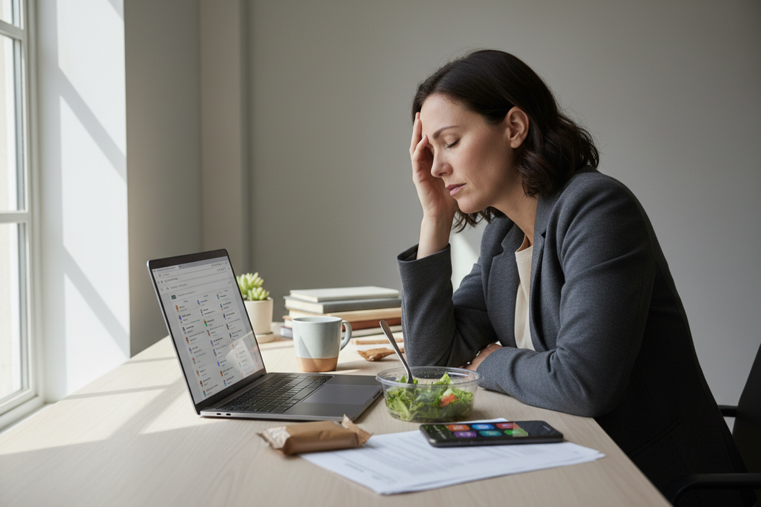 Office worker seated at desk with junk food, showing stress and poor eating patterns.