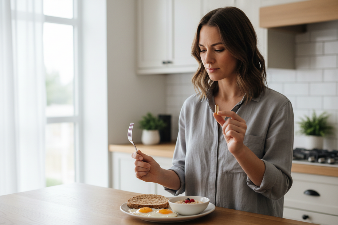 Woman in a kitchen holding a supplement capsule and a fork, looking at a breakfast plate with eggs, toast, and a bowl of yogurt with berries.
