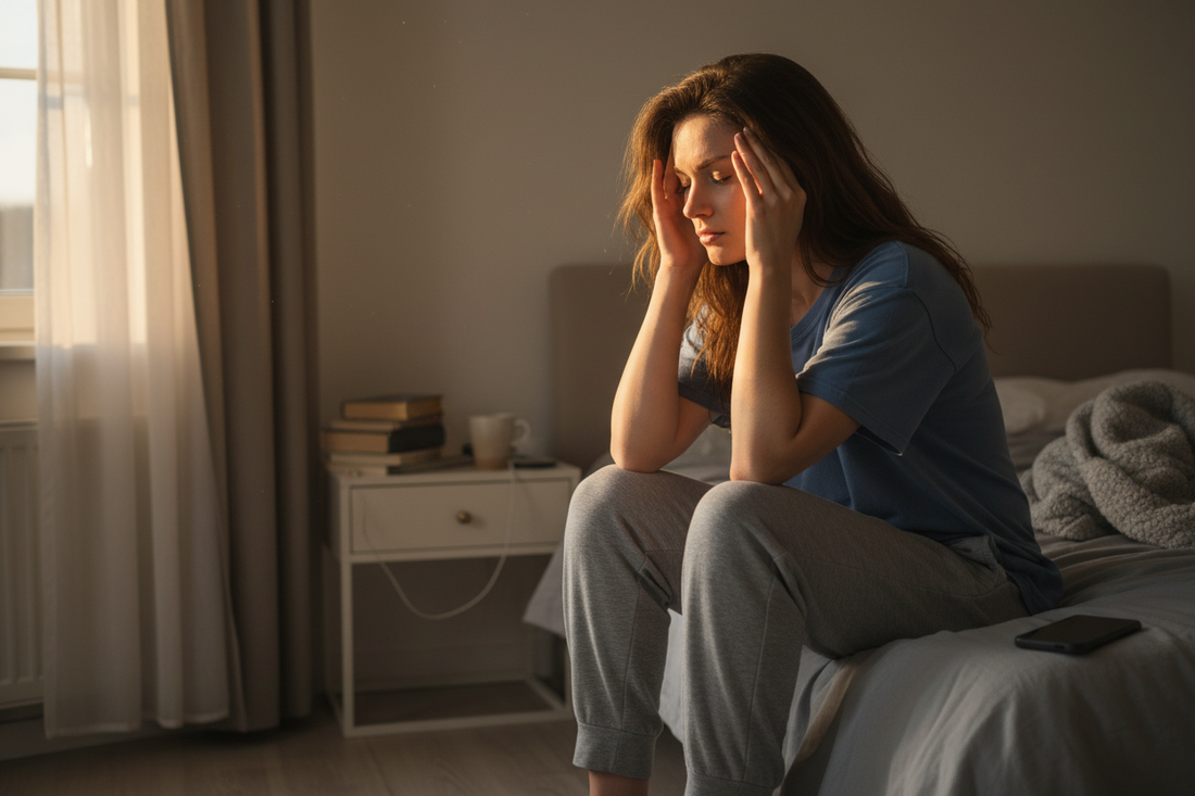 Woman sitting on her bed in the evening holding her head, showing body heaviness and fatigue despite a low-activity day.