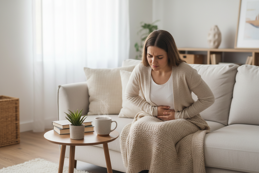Woman sitting on a sofa holding her stomach with mild discomfort, wrapped in a blanket beside a steaming mug on a small table in a bright living room.