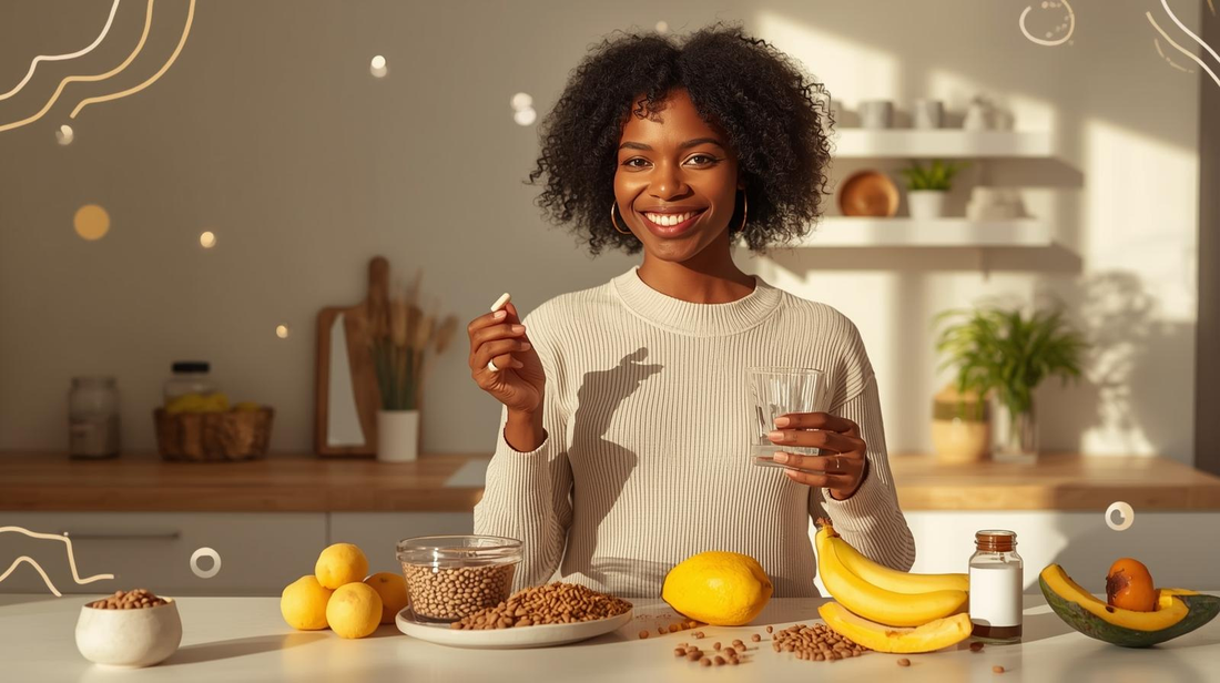 Woman smiling while holding a supplement capsule with natural foods like soybeans, lemons and bananas, symbolising natto supplement benefits and gut health.