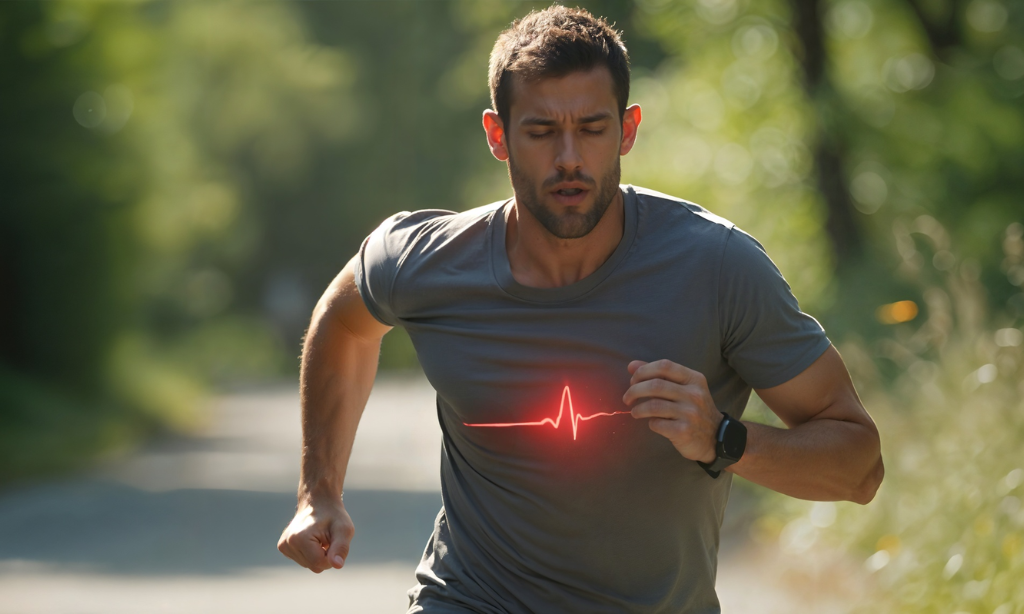 Man running outdoors with a glowing heartbeat graphic, representing cardiovascular health, healthy ageing, and the potential heart-supporting benefits of natto.