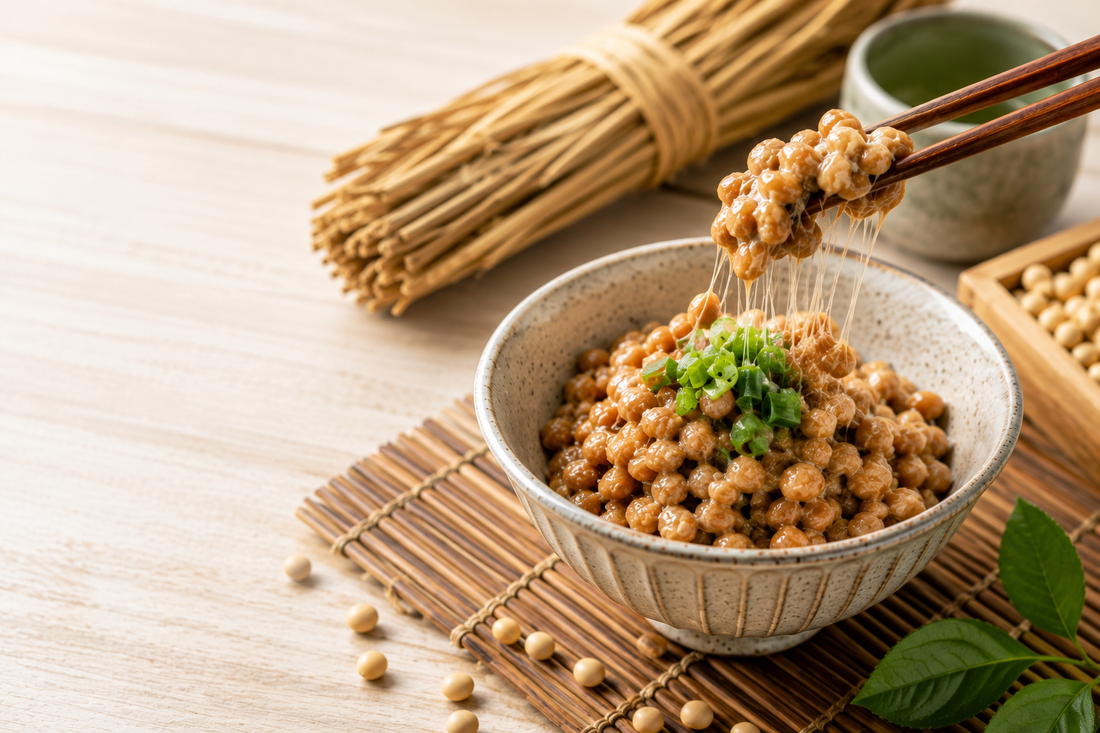 Traditional Japanese natto (fermented soybeans) in a bowl with green onions, served with chopsticks and surrounded by soybeans and bamboo mats.