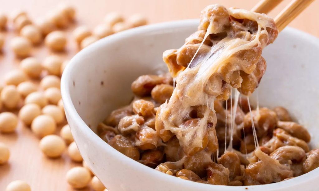Traditional Japanese natto food with probiotics and nattokinase for gut and heart health