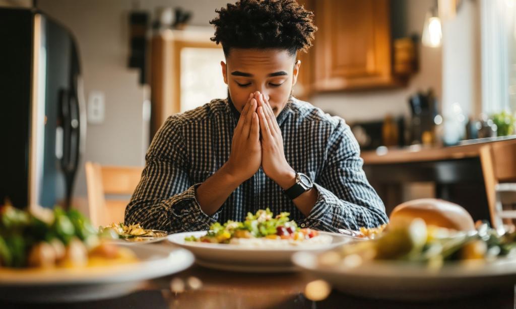 Man sitting at a dining table with hands together in front of healthy meals, practising mindful eating to manage hunger and cravings.