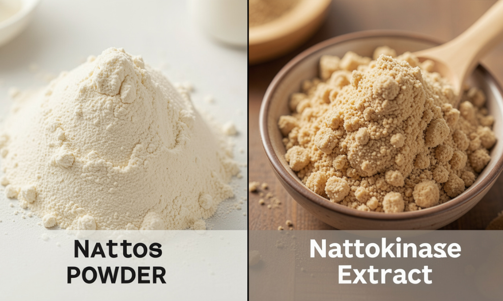 Comparison of natto powder and nattokinase extract showing the visual difference between whole fermented soybean powder and concentrated nattokinase enzyme extract.