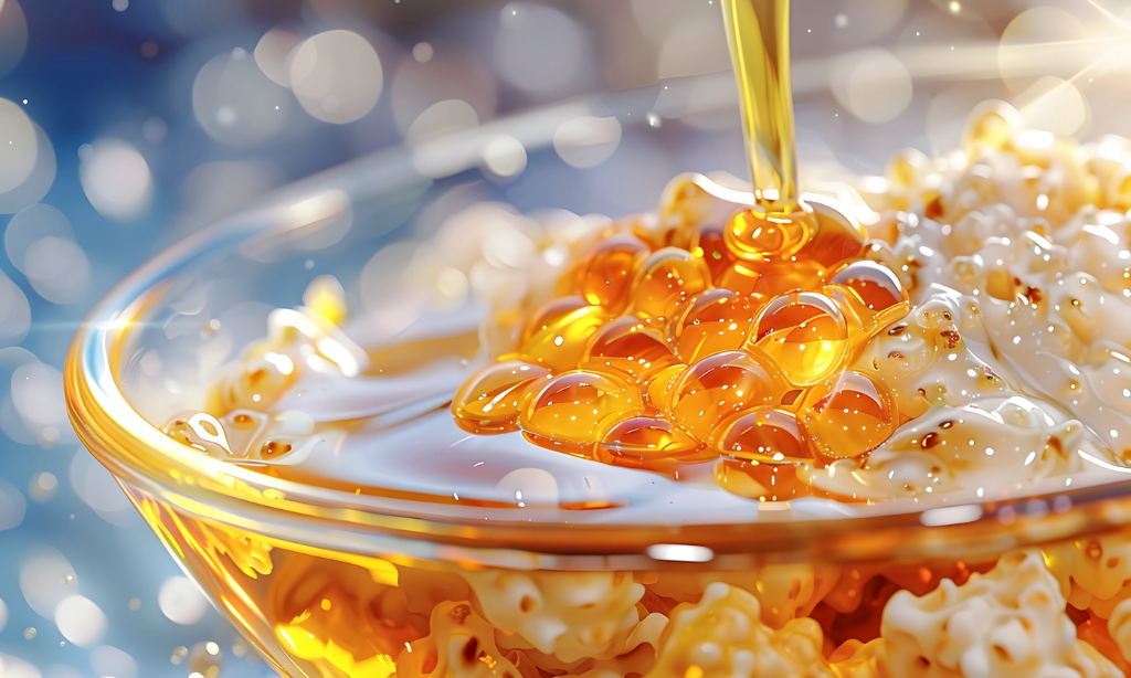 Fish oil capsules with liquid omega-3 oil in a glass bowl, representing nutritional supplements for heart health, circulation, and cardiovascular wellness.