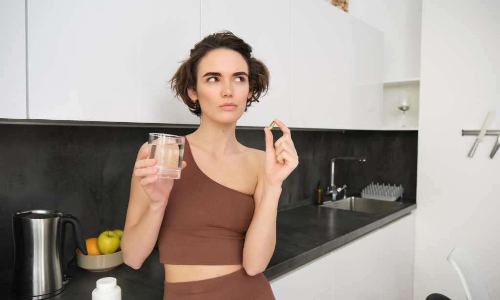 Woman holding a supplement capsule and glass of water in kitchen, representing gut health supplements for better digestion