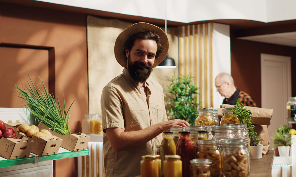 Customer browsing a selection of fermented foods in a modern organic grocery store, with jars of pickled vegetables, sauces, and fresh produce promoting healthy nutrition and gut health.