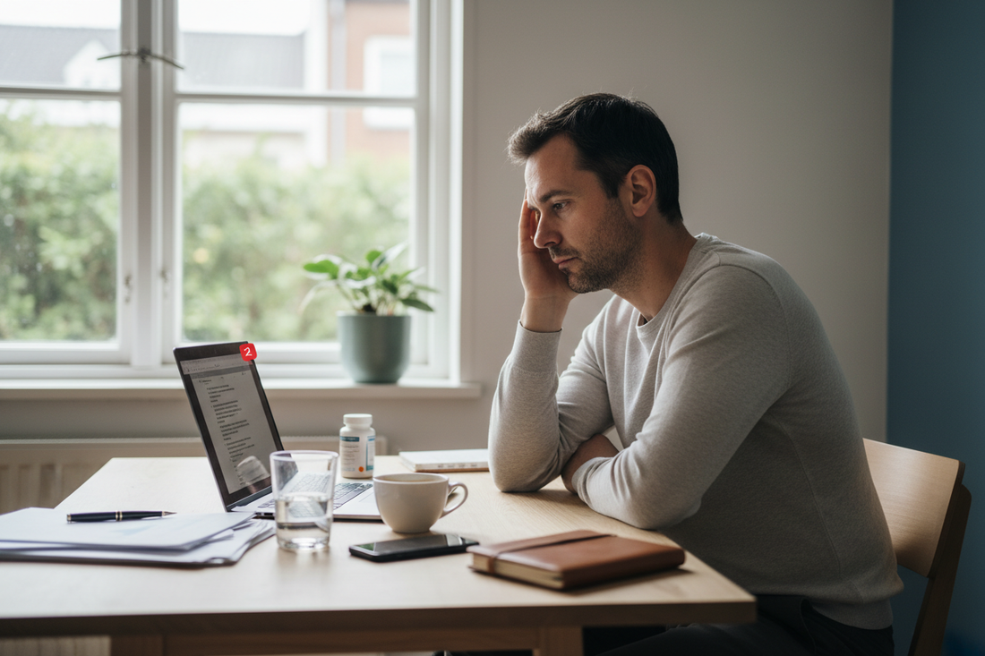 Man sitting at an office desk looking tired, with unread notifications and a drink nearby, representing early signs of stress and low energy.