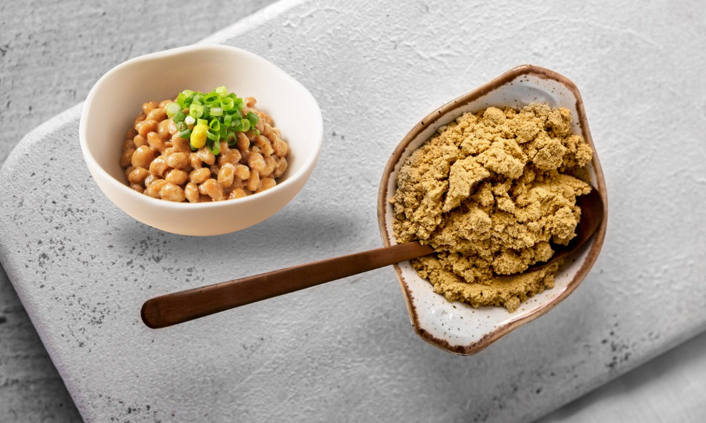 Fresh natto and natto powder comparison showing fermented soybeans and powdered form for gut health benefits