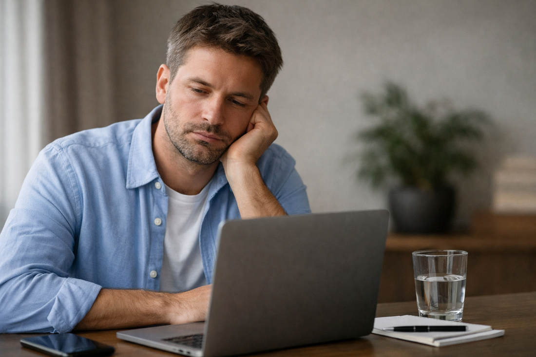 Man seated at an office desk using a laptop, appearing slightly fatigued, illustrating the subtle signs of low-grade inflammation and modern lifestyle stress.