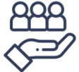 Icon of a hand holding three people, symbolizing teamwork or support.