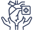 Icon of a heart with hands holding it and a plus sign, symbolizing healthcare or medical care.