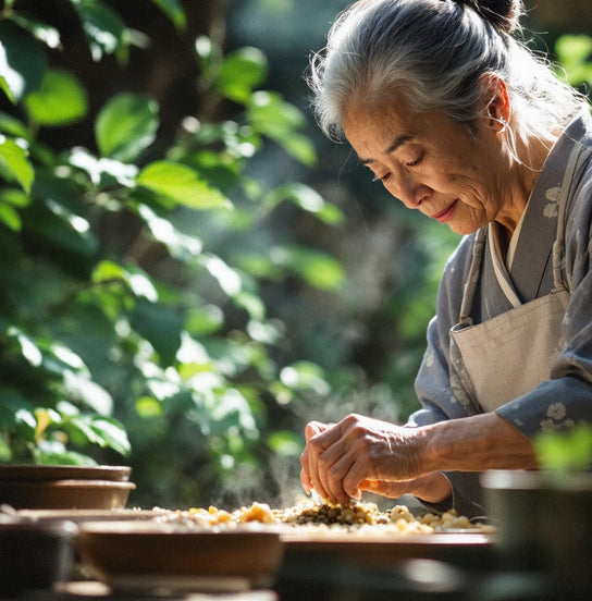 Elderly lady making natto in a traditional way