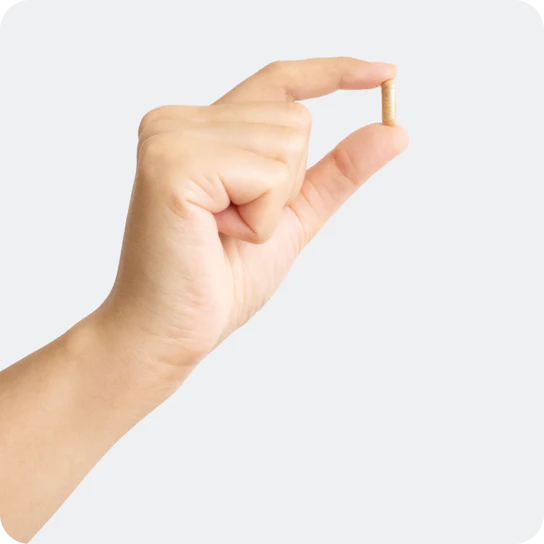 Hand holding a sonomono™ Natto powder capsule against a light blue background